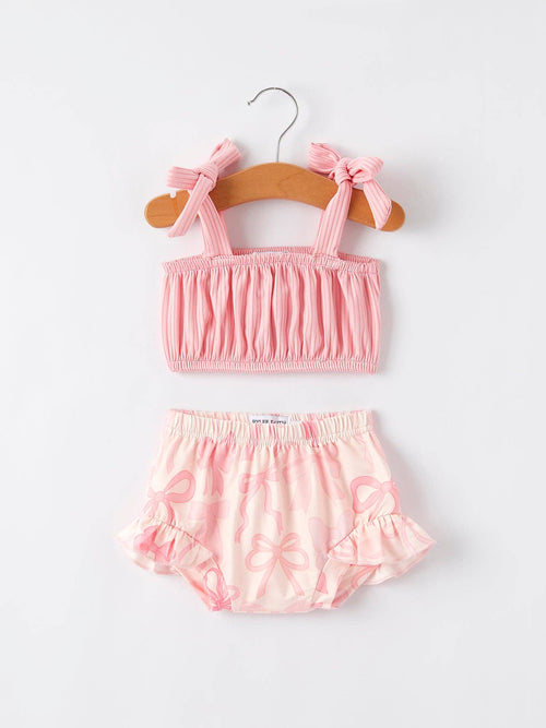 Spring Summer Pink Pleated Suspender Vest And Floral Bloomers Set