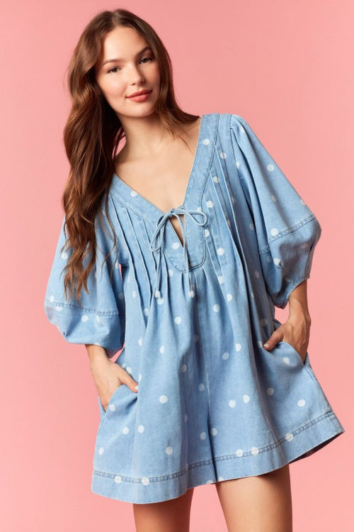 Pleated V-neck Dot Mini With Front Tie