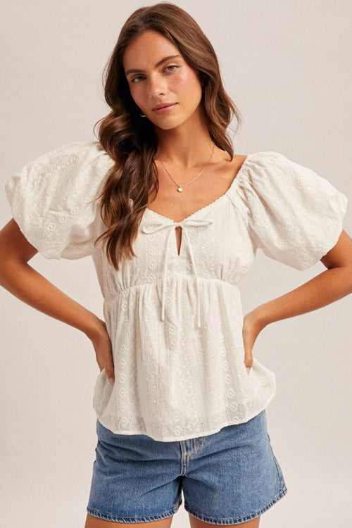 Sweetheart Neck Bubble Sleeve Babydoll Eyelet Top