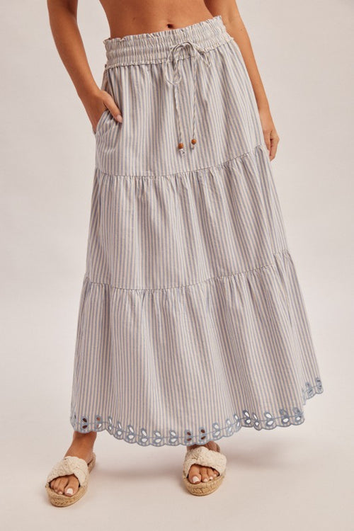 Embroidered Elastic Waist With Drawstring Tiered Maxi Skirt