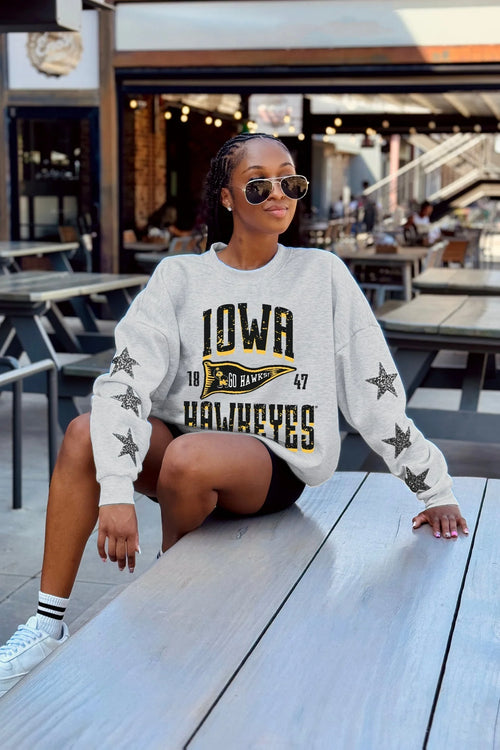 IOWA HAWKEYES PENNANT PRIDE EMBELLISHED STAR SLEEVE CREWNECK PULLOVER