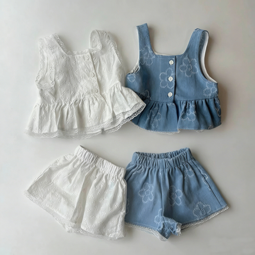 Embroidery Girl Peplum Top Set With Elastic Waist Shorts