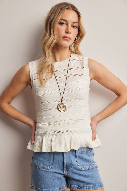 Sleeveless Pointelle Knit Peplum Top