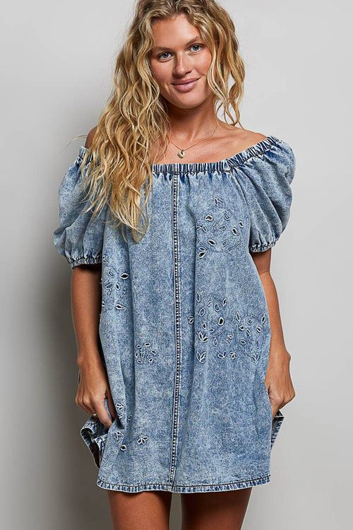 Elastic Square Neck Off-Shoulder Laser Cut Denim Mini Dress