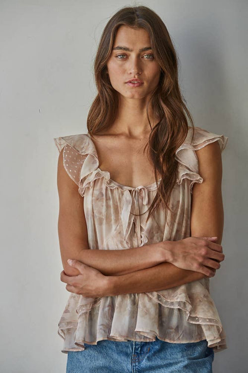 Woven Polyester Floral Print Ruffle V-Neck Top