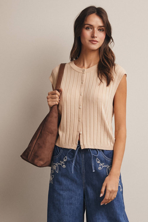 Ribbed Button-Front Knit Tank