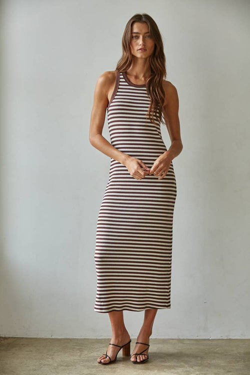 Knit Cotton Spandex Striped Ribbed Sleeveless Midi