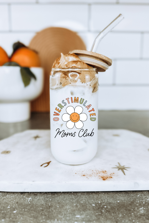 Overstimulated Moms Club 16 oz Glass Cup with Bamboo Lid